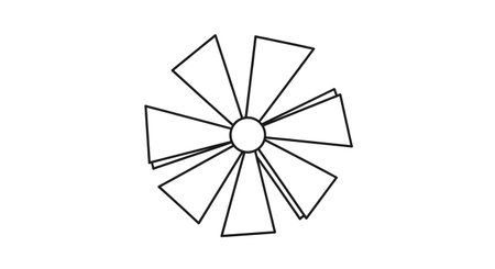 A minimalist, black and white line drawing of a windmill rotor with eight blades radiating from a central hub.の素材