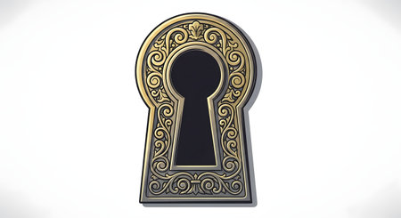 A detailed, antique keyhole featuring elaborate scrolling metalwork and a dark, mysterious opening.の素材