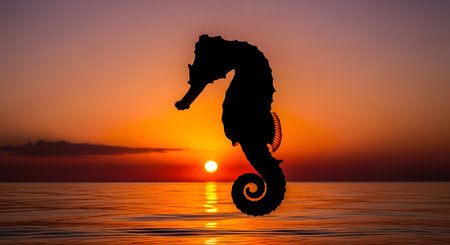 A striking silhouette of a seahorse stands against a fiery orange and yellow sunset, with the sun reflecting on the calm ocean water.の素材