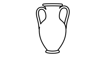 A simple black and white line drawing of an ancient Greek or Roman amphora, a tall ceramic vessel with a narrow neck and two handles.の素材