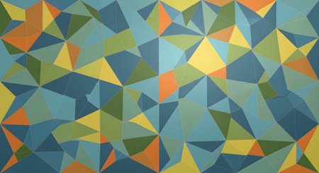 A dynamic abstract artwork featuring a tessellation of geometric shapes in shades of blue, green, yellow, and orange, creating a sense of depth and movement.の素材