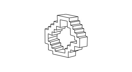 A stylized, isometric line drawing of a complex, three-dimensional geometric structure made of interconnected blocks with an open center.の素材