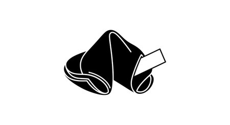 A simple, stylized drawing of a fortune cookie, open to reveal a small paper fortune inside. The image is in black and white.の素材