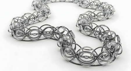 A detailed close-up of a flexible silver bracelet featuring interlocking circular and oval links, presented on a white background.の素材