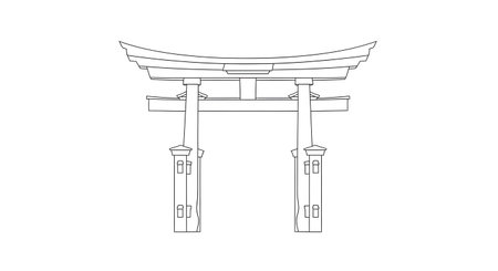 A minimalist line drawing of a classic Japanese Torii gate, rendered in black and white with clean, precise lines.の素材