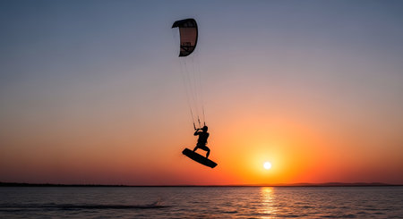 A kitesurfer performs an aerial maneuver against a fiery sunset. The water reflects the warm colors of the sky.の素材