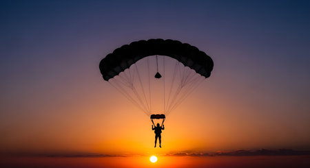 A lone skydiver is silhouetted against a breathtaking sunset, their parachute a dark arc against the fiery orange and purple sky.の素材