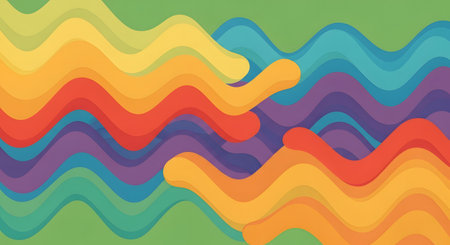A psychedelic wave pattern of bright, overlapping rainbow colors against a solid green background.の素材