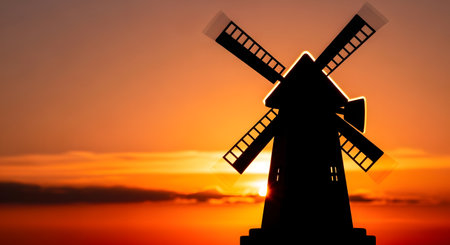 A dark silhouette of a traditional windmill stands against a fiery orange and yellow sunset, with blurred blades suggesting movement.の素材