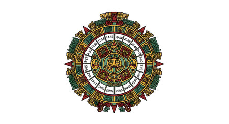 A detailed, colorful illustration of the Aztec Sun Stone, also known as the Calendar Stone, featuring glyphs and deities.の素材