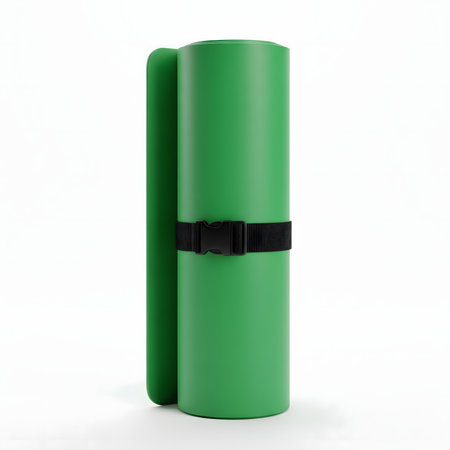 A green plastic dog waste bag dispenser with a roll of black bags secured by a black elastic band.の素材