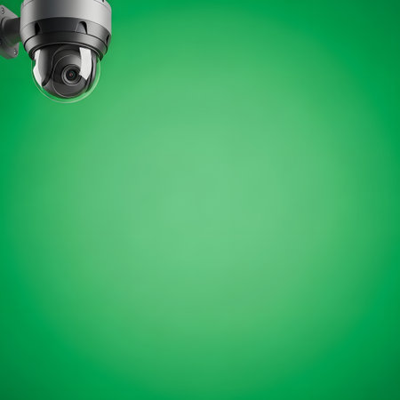 A surveillance camera is positioned in the upper left corner against a bright, solid green backdrop, suggesting monitoring or observation.の素材