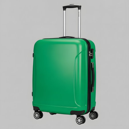 A vibrant green hardshell suitcase with four spinner wheels, a retractable handle, and a side carry handle, isolated on a gray background.の素材