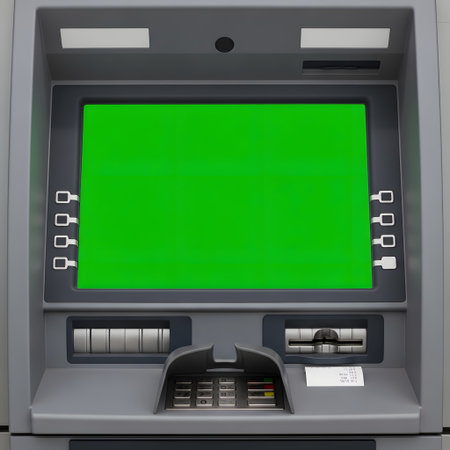 An ATM machine with a blank green screen, ready for digital content insertion or editing.の素材