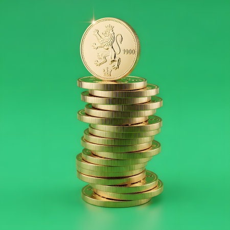 A tall stack of gleaming gold coins, with one coin perched precariously on top, set against a solid green backdrop.の素材