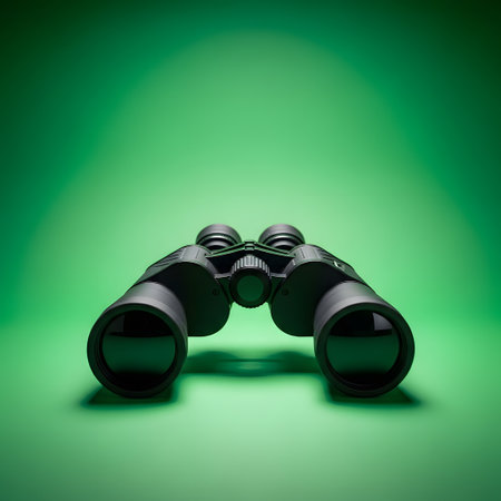 A pair of black binoculars is centered on a smooth, gradient green background, suggesting exploration or observation.の素材