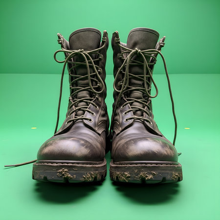A front view of a pair of heavily used black combat boots with laces tied, set against a solid green backdrop.の素材