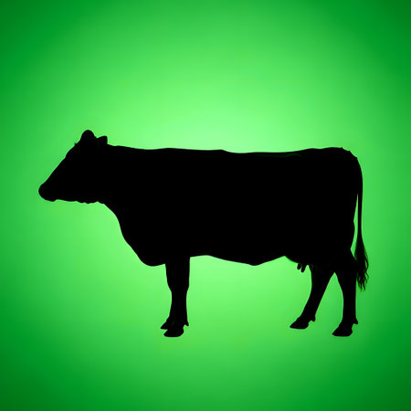 A stark black silhouette of a cow stands prominently against a bright, gradient green backdrop.の素材