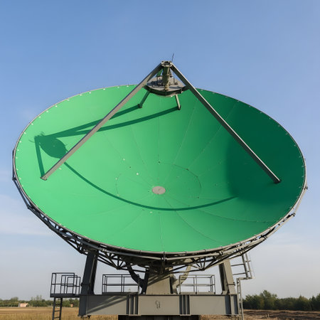 A massive, vibrant green satellite dish antenna is mounted on a complex support structure against a bright blue sky.の素材