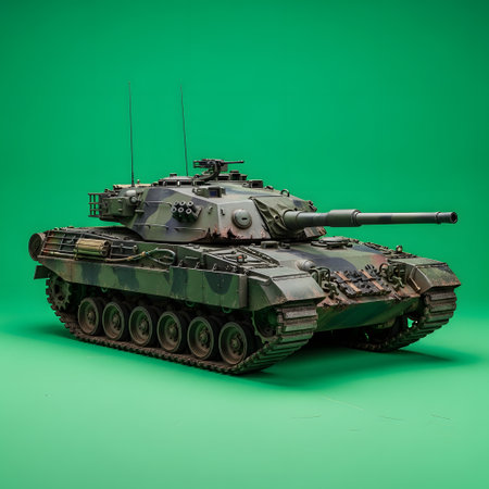 A realistic scale model of a heavy military tank is displayed against a solid green backdrop, showcasing its intricate details and design.の素材