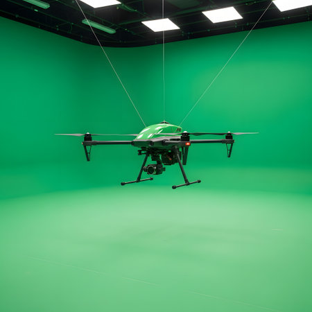 A multi-rotor drone is suspended mid-air against a seamless green screen in a controlled studio environment.の素材