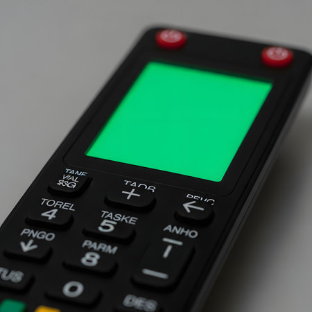 A close-up shot of a black remote control with a bright green screen, suggesting a blank or customizable display.の素材