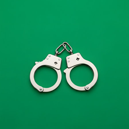 A pair of shiny silver metal handcuffs are displayed against a vibrant, solid green backdrop. The handcuffs are connected by a short chain.の素材