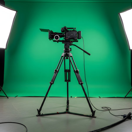 A professional video camera is mounted on a tripod, set up in a studio with a bright green screen backdrop and lighting.の素材