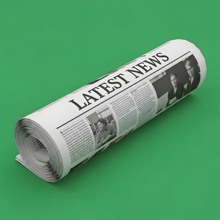A tightly rolled newspaper lies diagonally on a vibrant green surface, its headline clearly visible: "LATEST NEWS".の素材