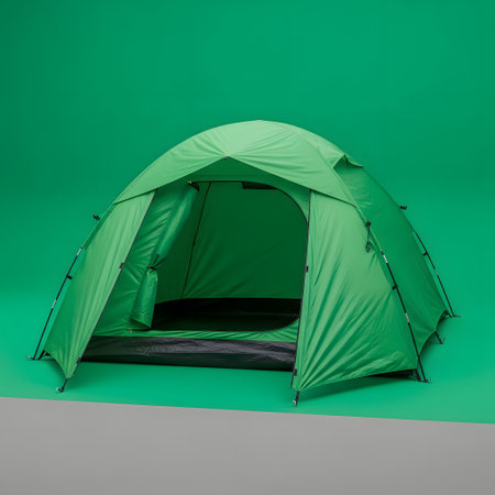 A green, two-person camping tent is pitched with its entrance open, revealing a sleeping bag inside. The tent is set against a plain green backdrop.の素材