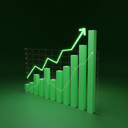 A 3D bar chart with a glowing green line indicating a positive trend, culminating in an upward arrow.の素材