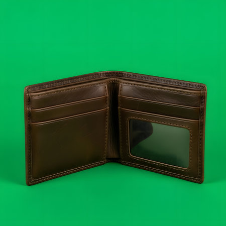 A brown leather bi-fold wallet is open, revealing multiple card slots and a clear ID window against a vibrant green background.の素材