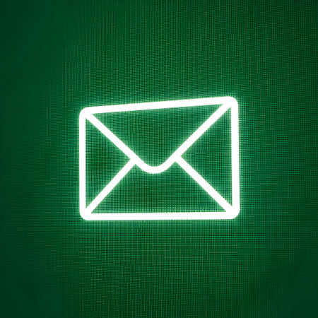 A bright white neon envelope icon glows against a dark green digital grid background, symbolizing communication and digital messaging.の素材