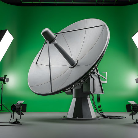 A large satellite dish is positioned in a studio with a green screen backdrop and professional lighting.  It appears ready for broadcasting or filming.の素材