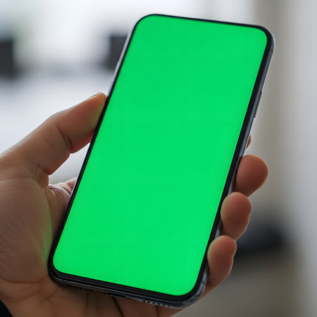 A close-up shot of a hand holding a smartphone. The phone's screen displays a vibrant, solid green color, suggesting a mockup or placeholder.の素材