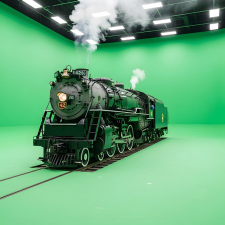 A classic black steam locomotive sits on tracks in a studio with a bright green screen background, emitting a plume of white smoke.の素材