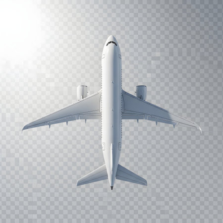 A white commercial jetliner is viewed from directly above, showcasing its wings, fuselage, and engines against a transparent background.の素材