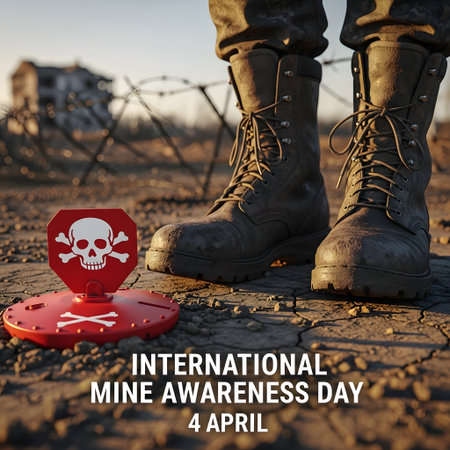 A stark image showing a soldier's boots near a landmine, emphasizing the dangers and the importance of International Mine Awareness Day.の素材