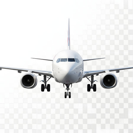A detailed front-facing view of a commercial airliner with its engines and landing gear visible against a transparent backdrop.の素材