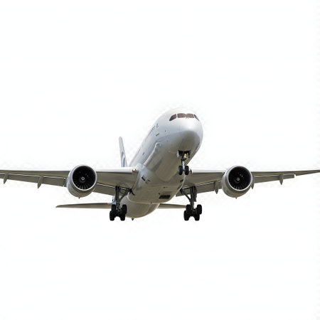 A wide-angle front view of a commercial jet airplane with landing gear extended, approaching for landing against a stark white backdrop.の素材