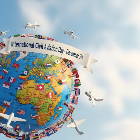 A globe decorated with national flags and surrounded by airplanes, celebrating International Civil Aviation Day.の素材