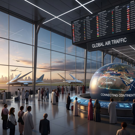 A bustling airport terminal with large windows showcasing airplanes and a sunset. People are seen walking and interacting within the spacious, modern interior.の素材