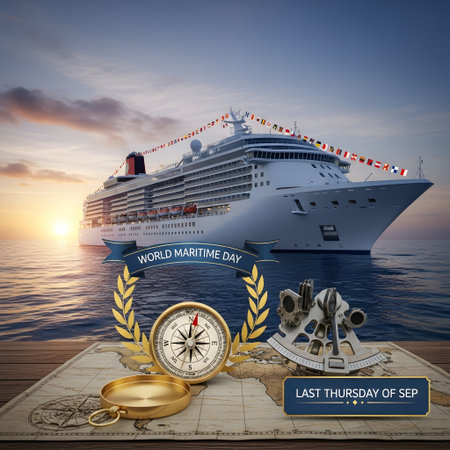 A majestic cruise ship sails on calm ocean waters during a vibrant sunset, with antique navigation instruments laid out on a wooden surface.の素材