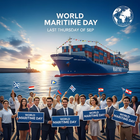 A large cargo ship sails near a lighthouse as a diverse group of people hold flags and signs celebrating World Maritime Day.の素材