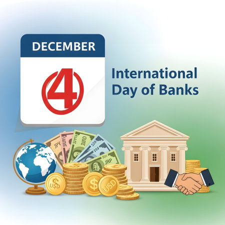 A graphic representing International Day of Banks on December 4th, featuring a bank building, money, coins, and a globe.の素材