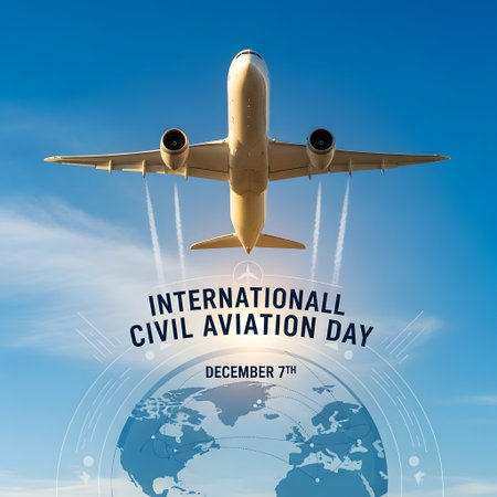 An airplane ascends into a clear blue sky above a stylized globe, commemorating International Civil Aviation Day on December 7th.の素材