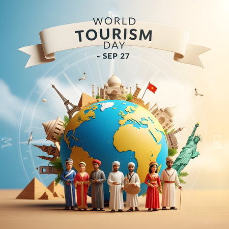A vibrant illustration celebrating World Tourism Day, featuring iconic global landmarks surrounding a globe with diverse people in traditional attire.の素材