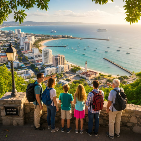 A group of people stand on a stone wall, looking out at a picturesque coastal town and blue ocean with boats.の素材