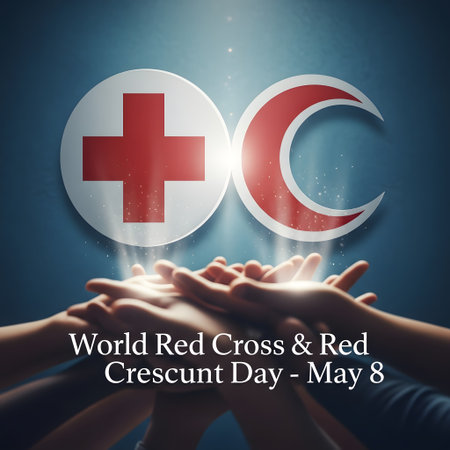 Hands united beneath the iconic Red Cross and Red Crescent symbols, representing global humanitarian efforts and aid on May 8th.の素材
