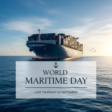 A large container ship sails across a calm ocean under a bright sky, commemorating World Maritime Day.の素材